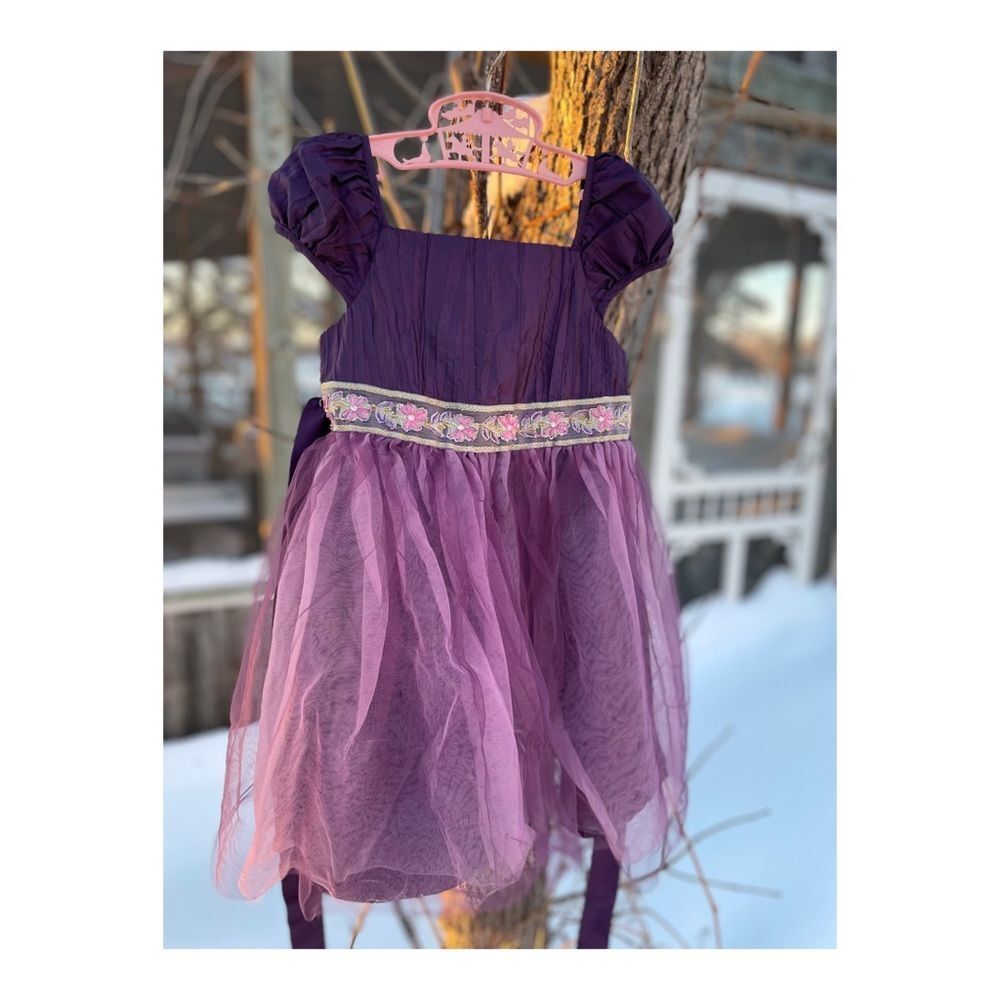 Laura Ashley 90s Purple Dress Satin Chiffon Belted Cap Sleeve Sz 2T